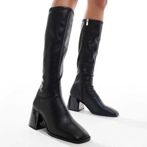 ASOS DESIGN Cloud flared block heel sock knee boots in black
